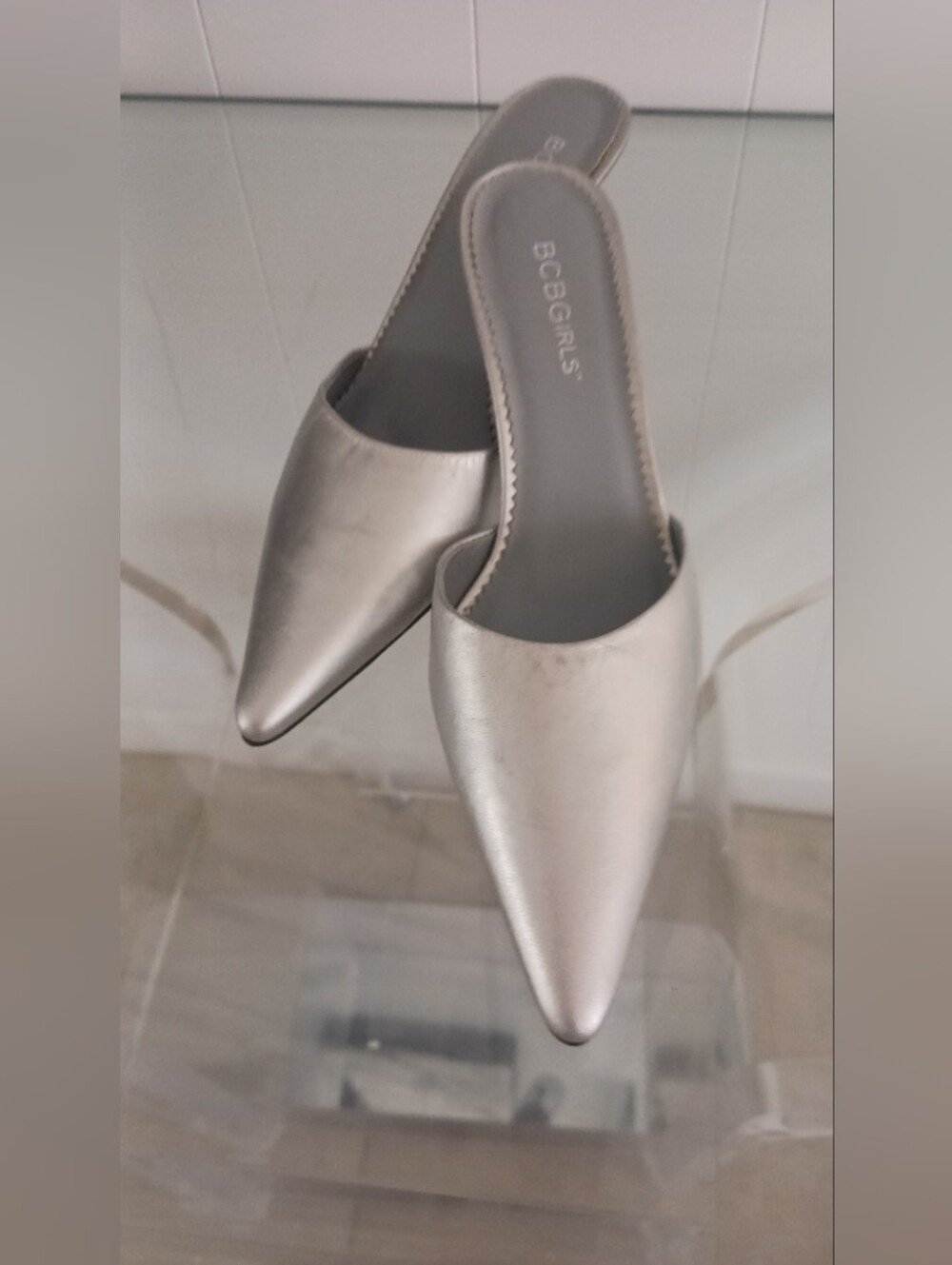 BCBGirls Silver Pointed Toe Mules  Slide Mule 6.5